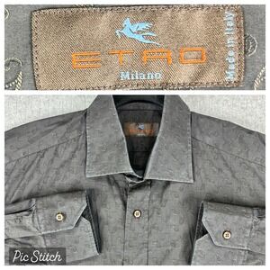 Etro Button Down Shirt Mens 43 Black Gray Paisley Long Sleeve Made in Italy